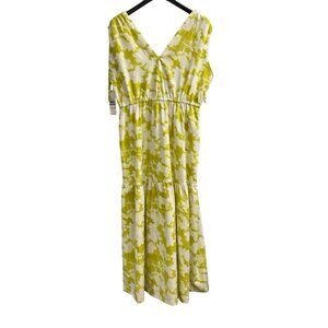 Calvin Klein Dress Womens 16 Yellow Satin Floral Tiered Maxi Ruched Tie Tropical